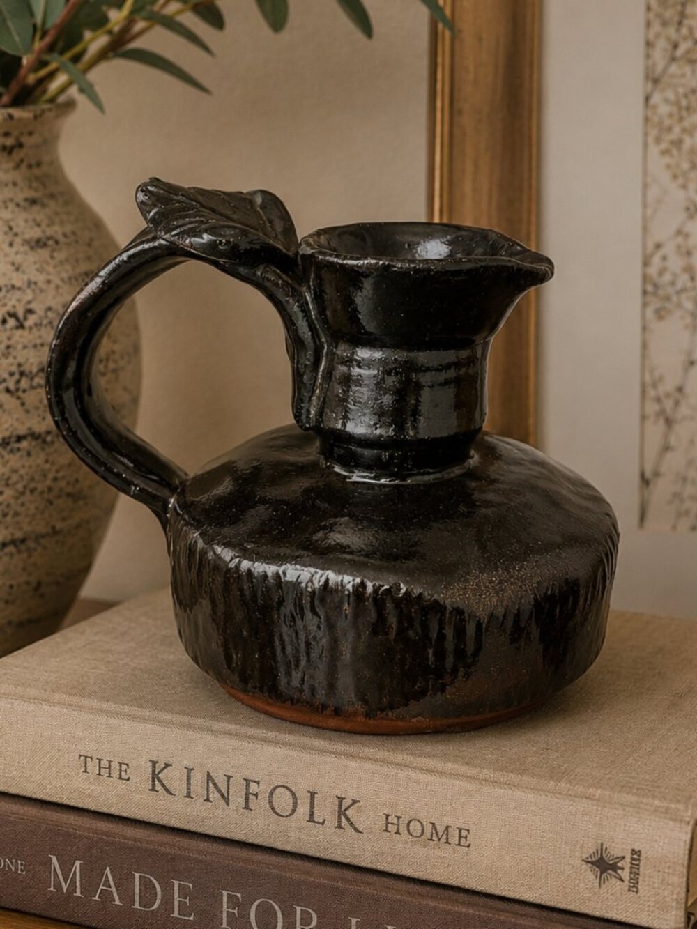 Signed Studio Pottery Stoneware Pitcher Vase Black Drip Glaze Leaf Handle